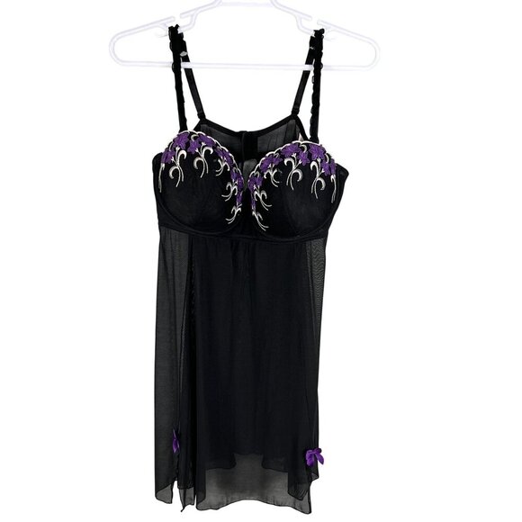 Cacique Womens 22-24 Babydoll Lingerie Black Purple Floral Embroidered Bows Sexy - Picture 6 of 11